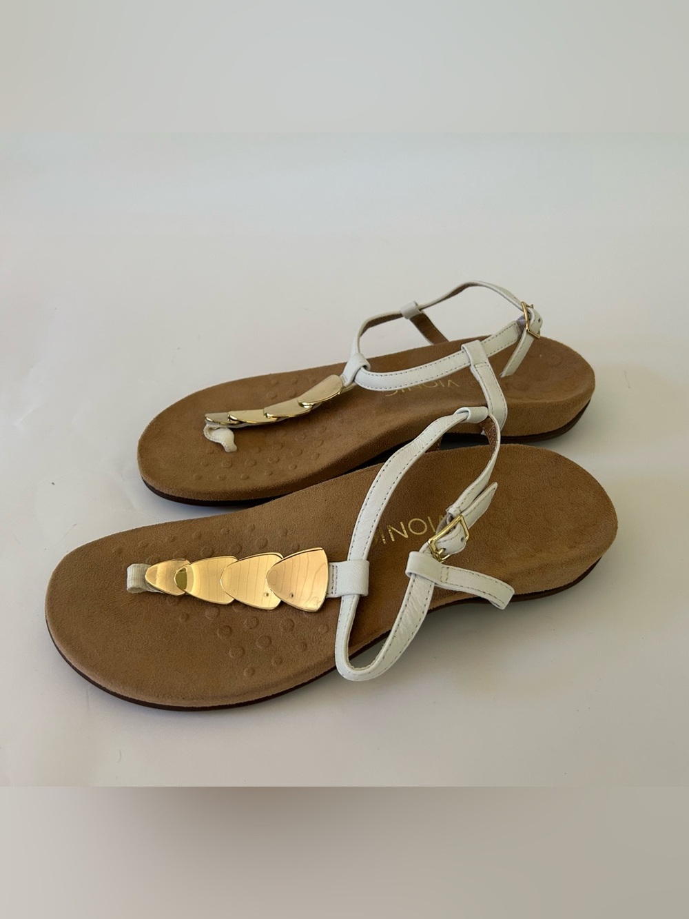 NEW White Women's T-Strap leather Sandals with Gold Accent - Picture 11 of 14